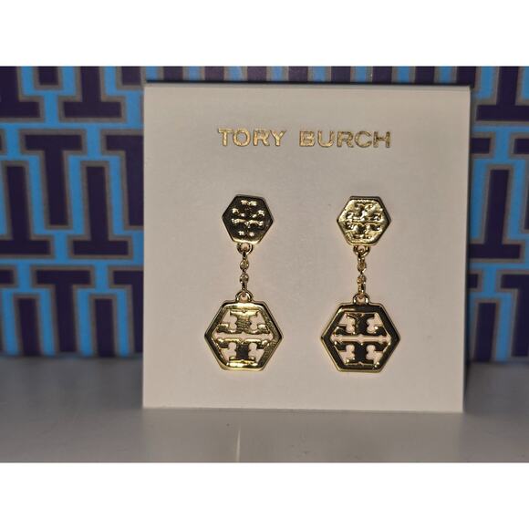 Tory Burch Jewelry - Tory Burch Hexagon-Logo Drop Hexagon Earrings Gold - Retail $109 - NEW